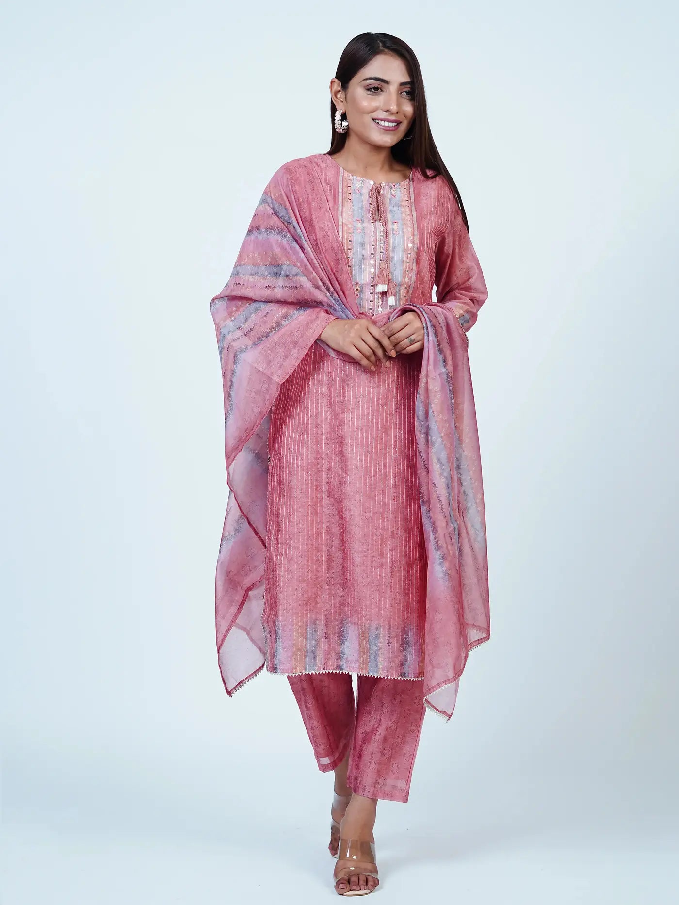 Pink Embroidered Chanderi Cotton Suit Set