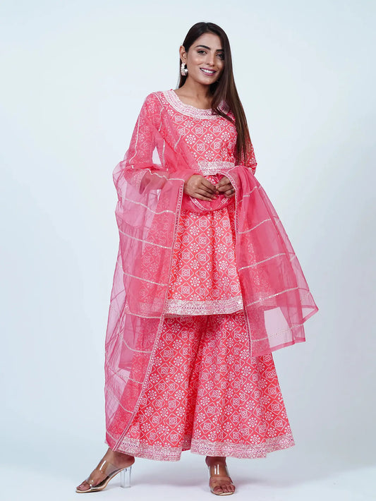 Pink Embroidered Sharara Cotton Suit Set