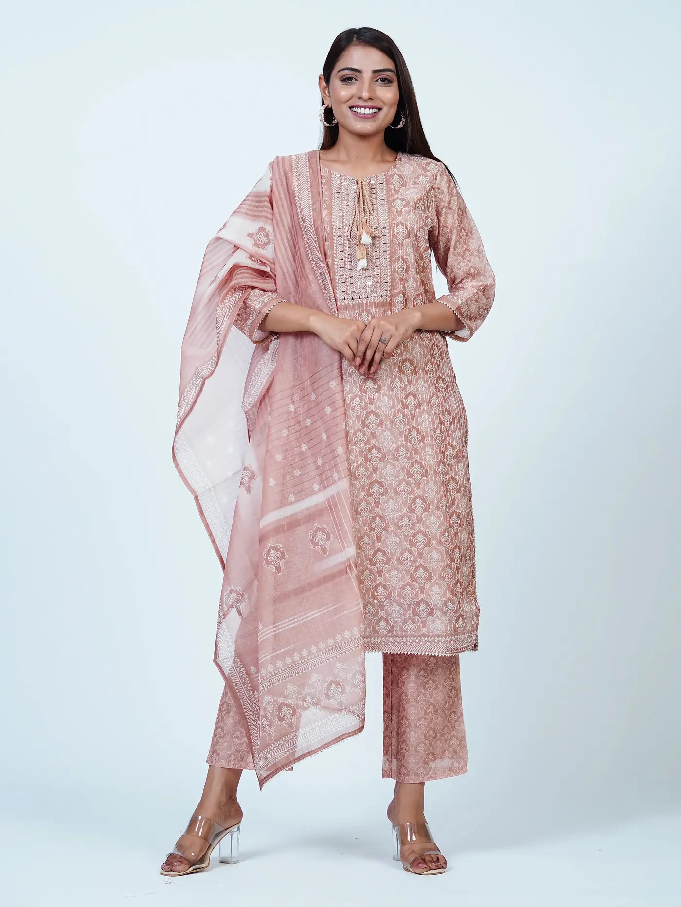 Beige Embroidered Chanderi Cotton Suit Set