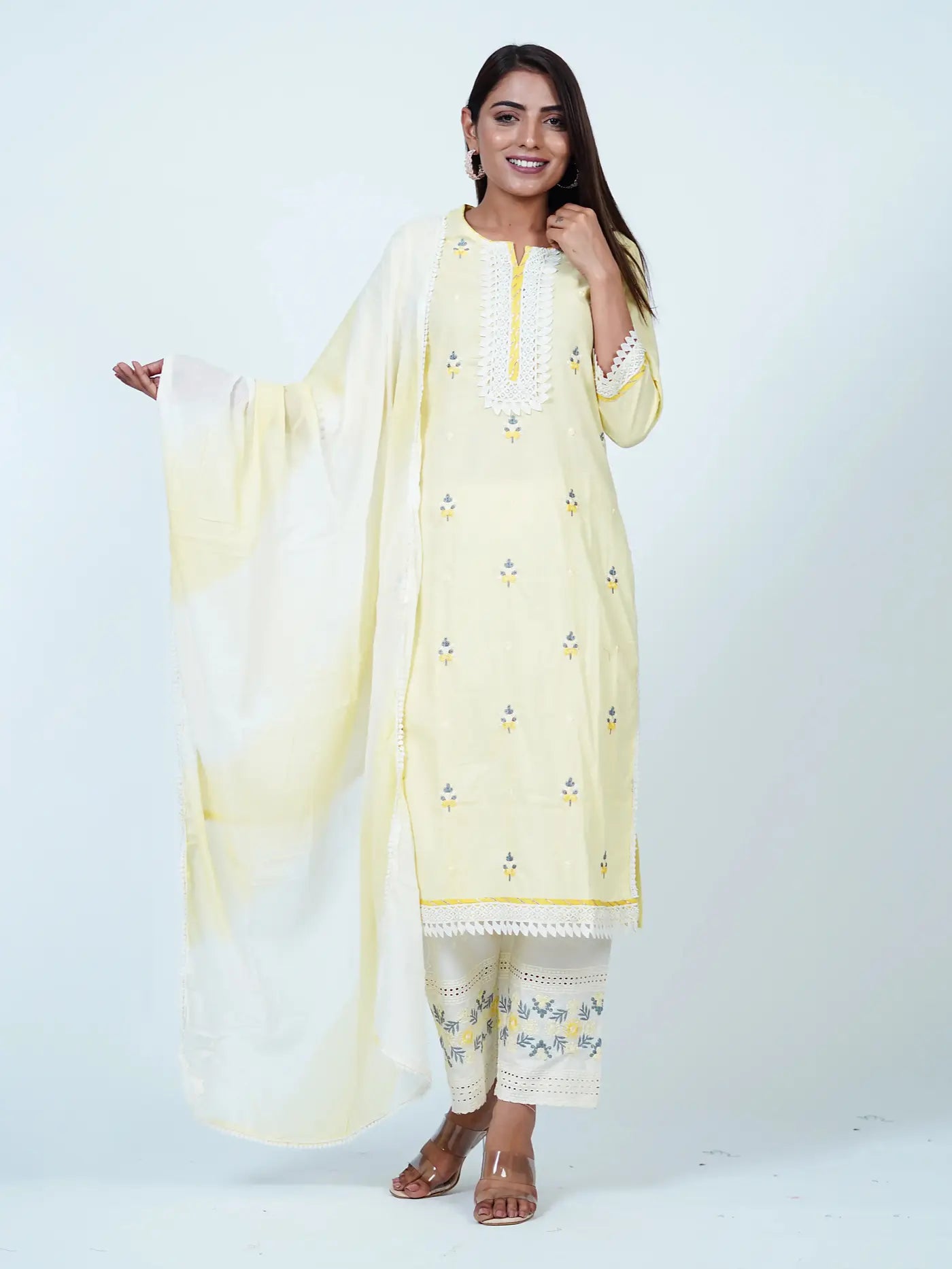 Yellow Embroidered Cotton Floral Suit