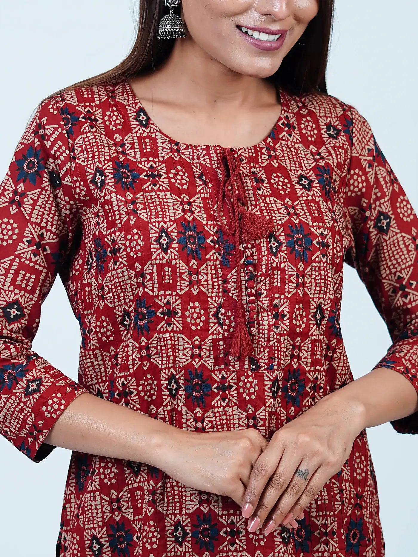 Maroon Embroidered Straight Floral Cotton Kurti