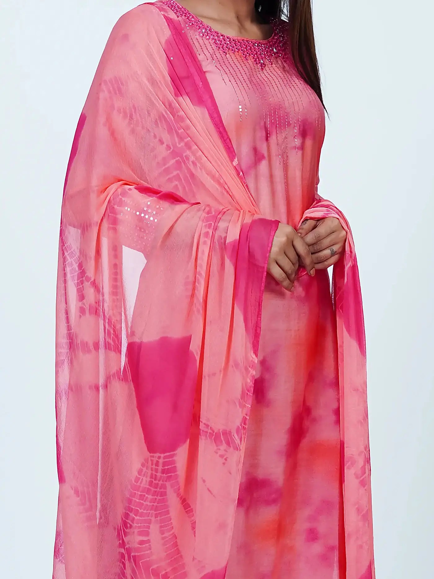 Pink Embroidered Muslin Tie Dye Suit Set