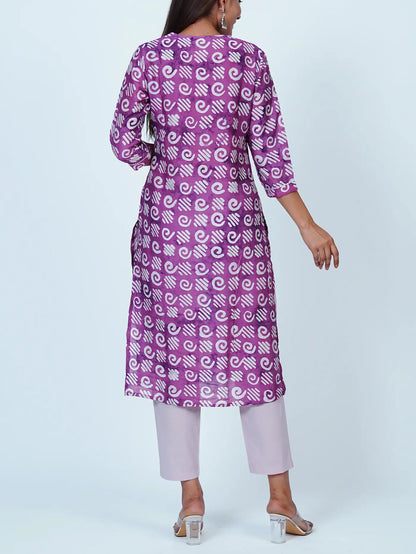 Lilac Embroidered Straight Abstract Muslin Kurti