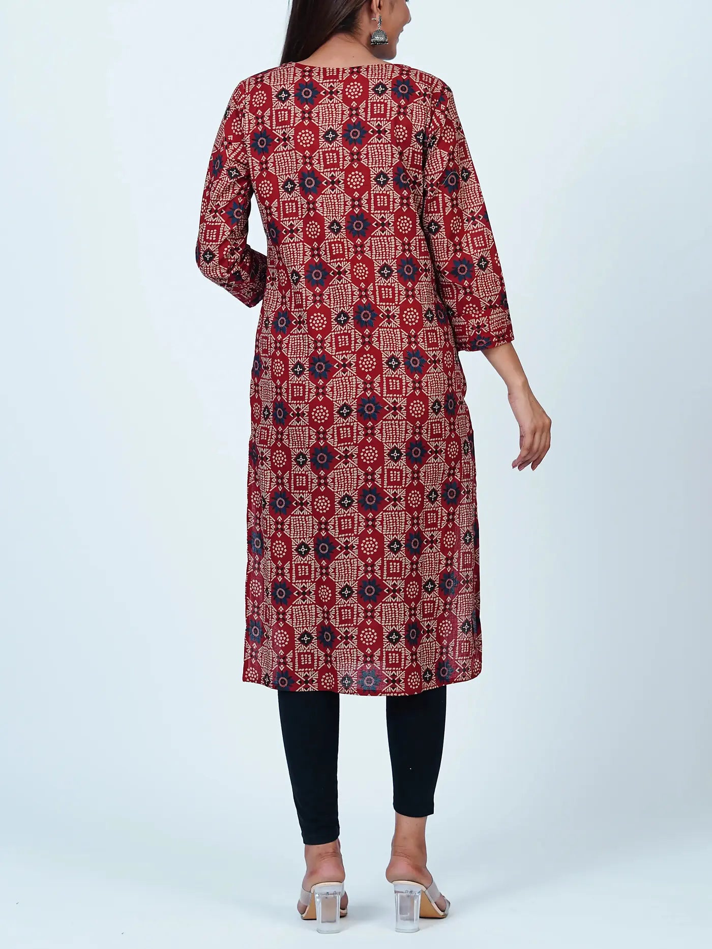 Maroon Embroidered Straight Floral Cotton Kurti