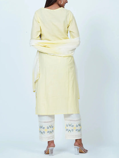 Yellow Embroidered Cotton Floral Suit