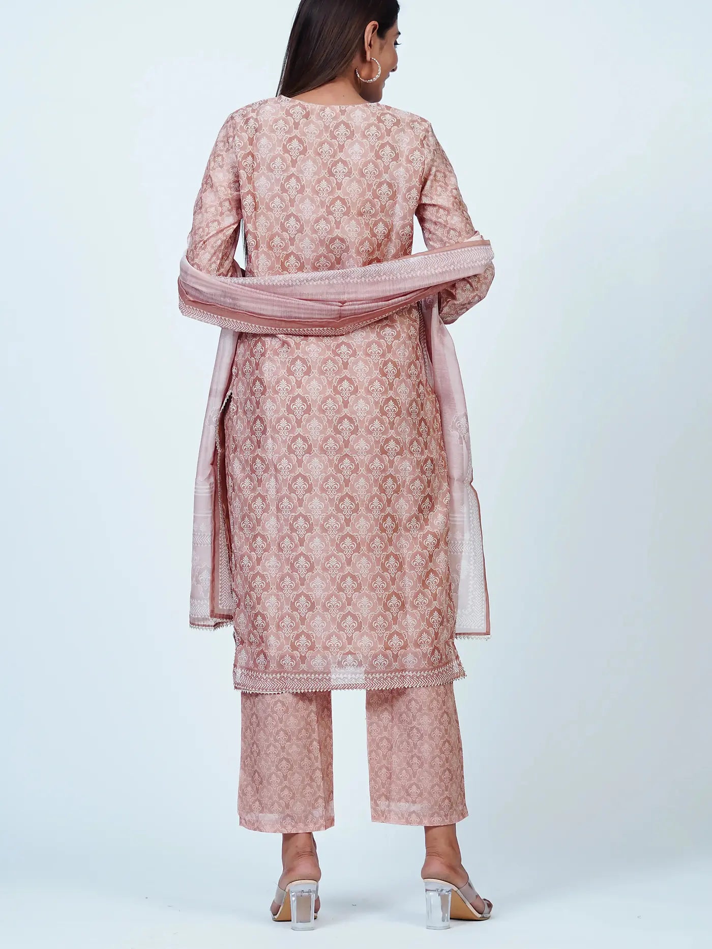 Beige Embroidered Chanderi Cotton Suit Set