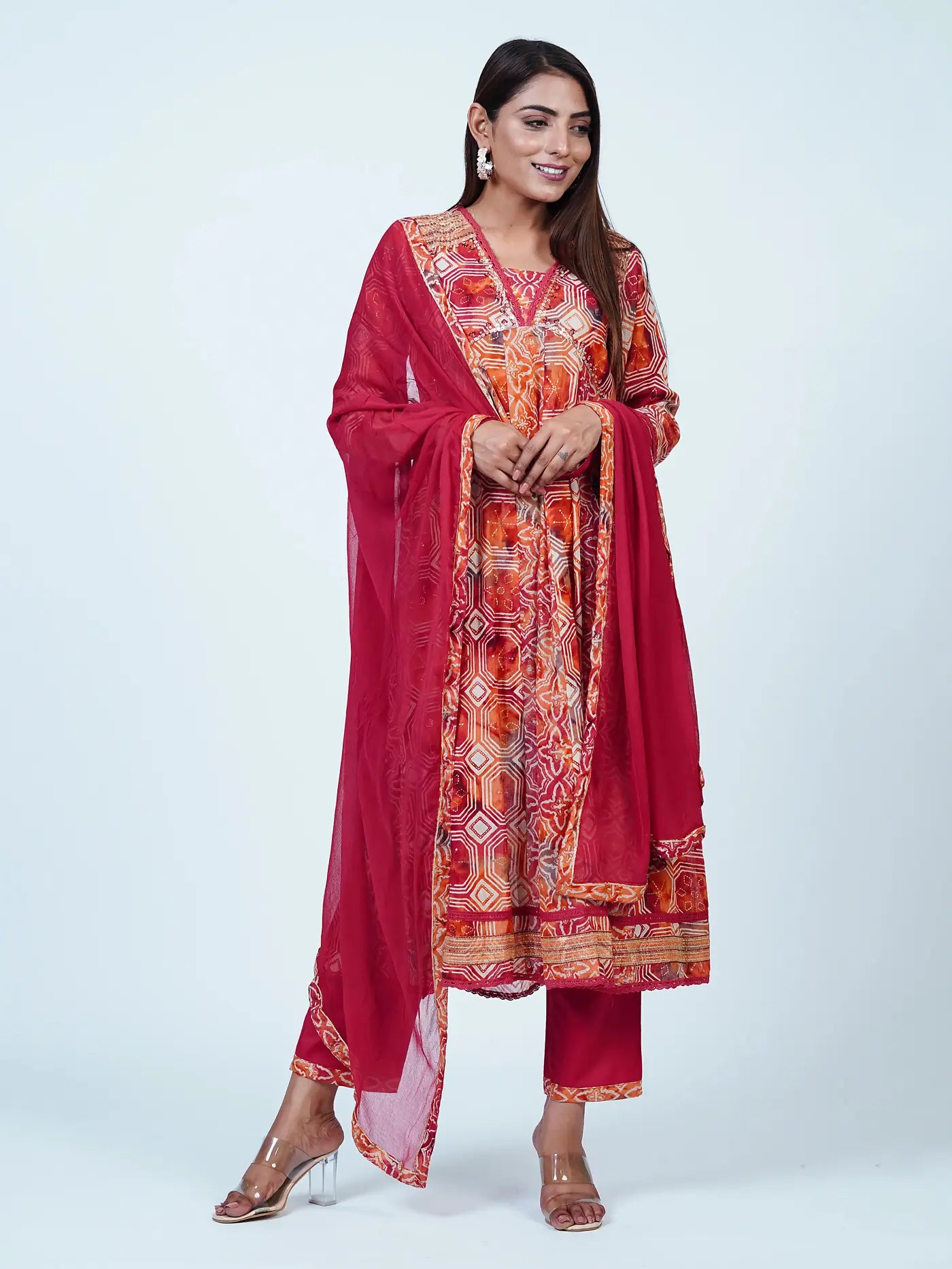 Rust Embroidered A-Line Cotton Suit Set