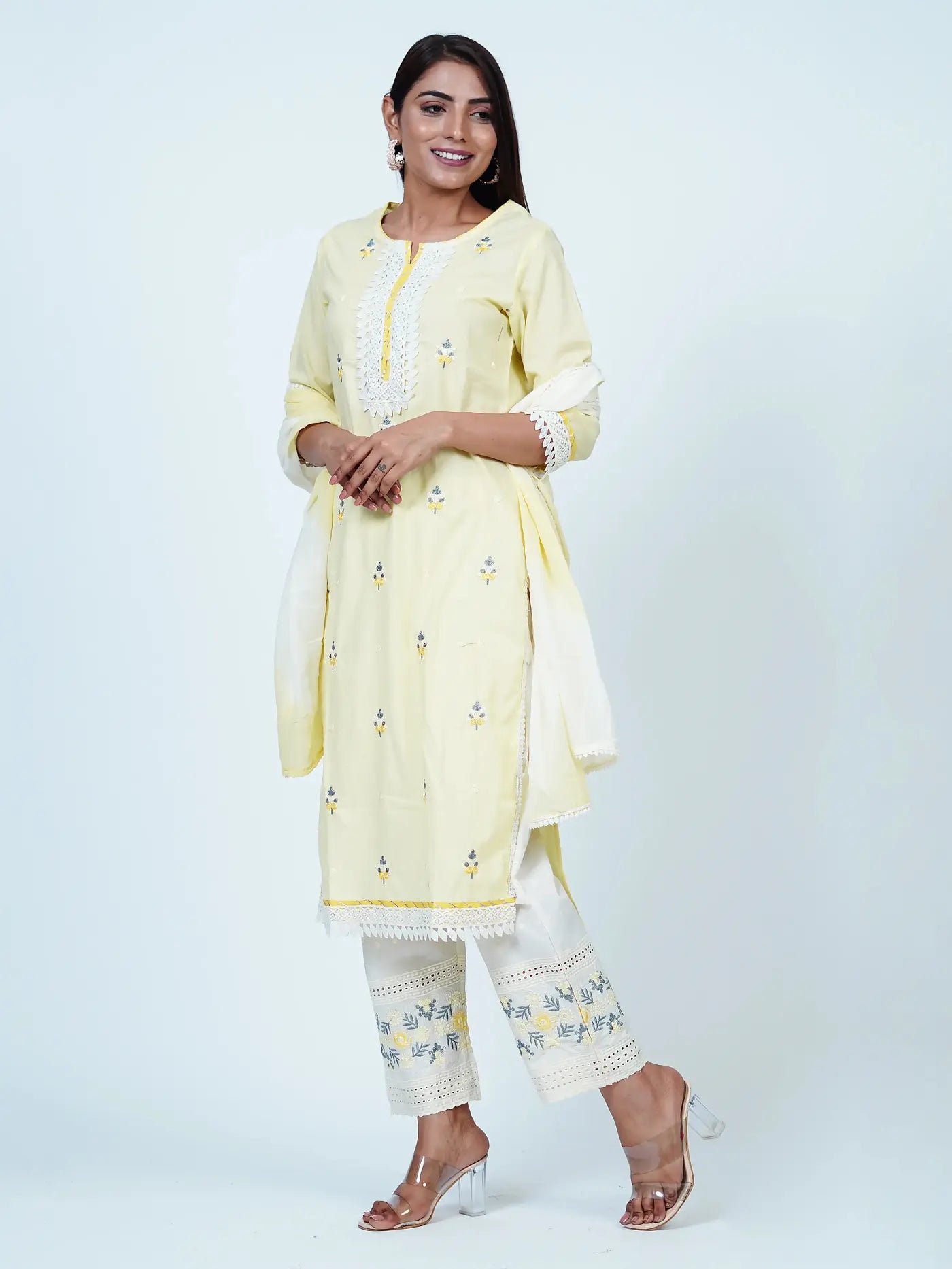 Yellow Embroidered Cotton Floral Suit