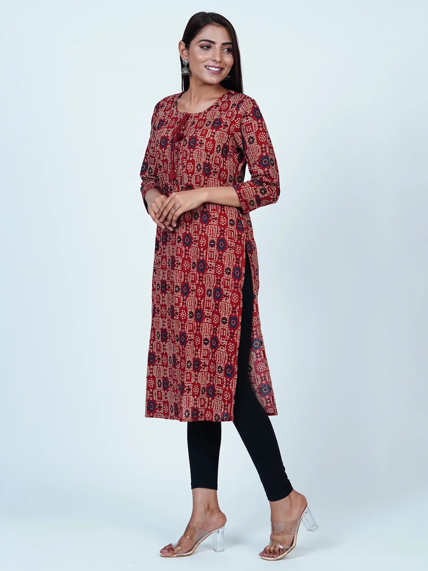 Maroon Embroidered Straight Floral Cotton Kurti