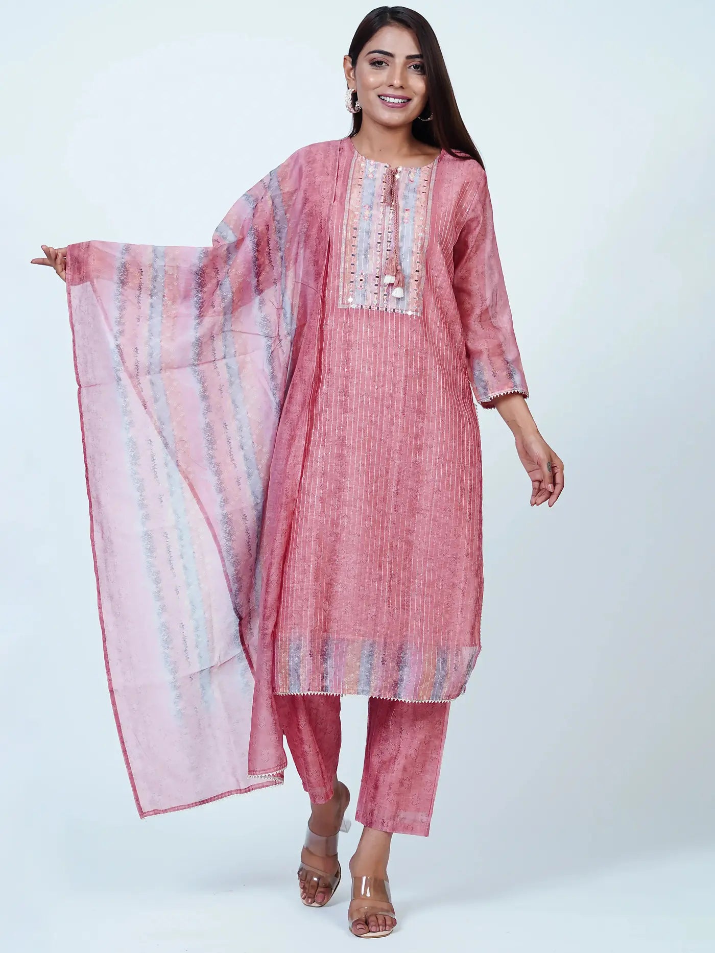 Pink Embroidered Chanderi Cotton Suit Set