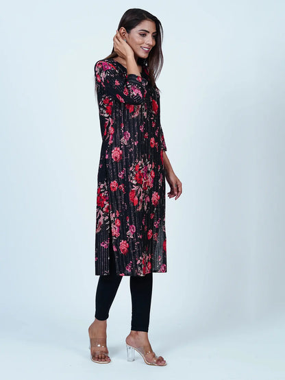 Black Embroidered Straight Floral Cotton Kurti