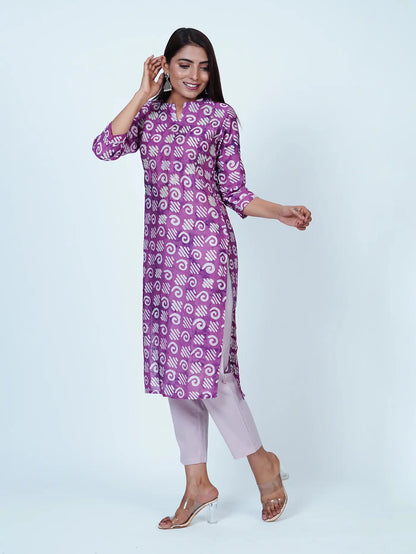 Lilac Embroidered Straight Abstract Muslin Kurti