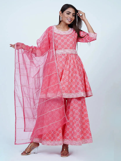 Pink Embroidered Sharara Cotton Suit Set