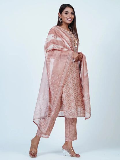 Beige Embroidered Chanderi Cotton Suit Set