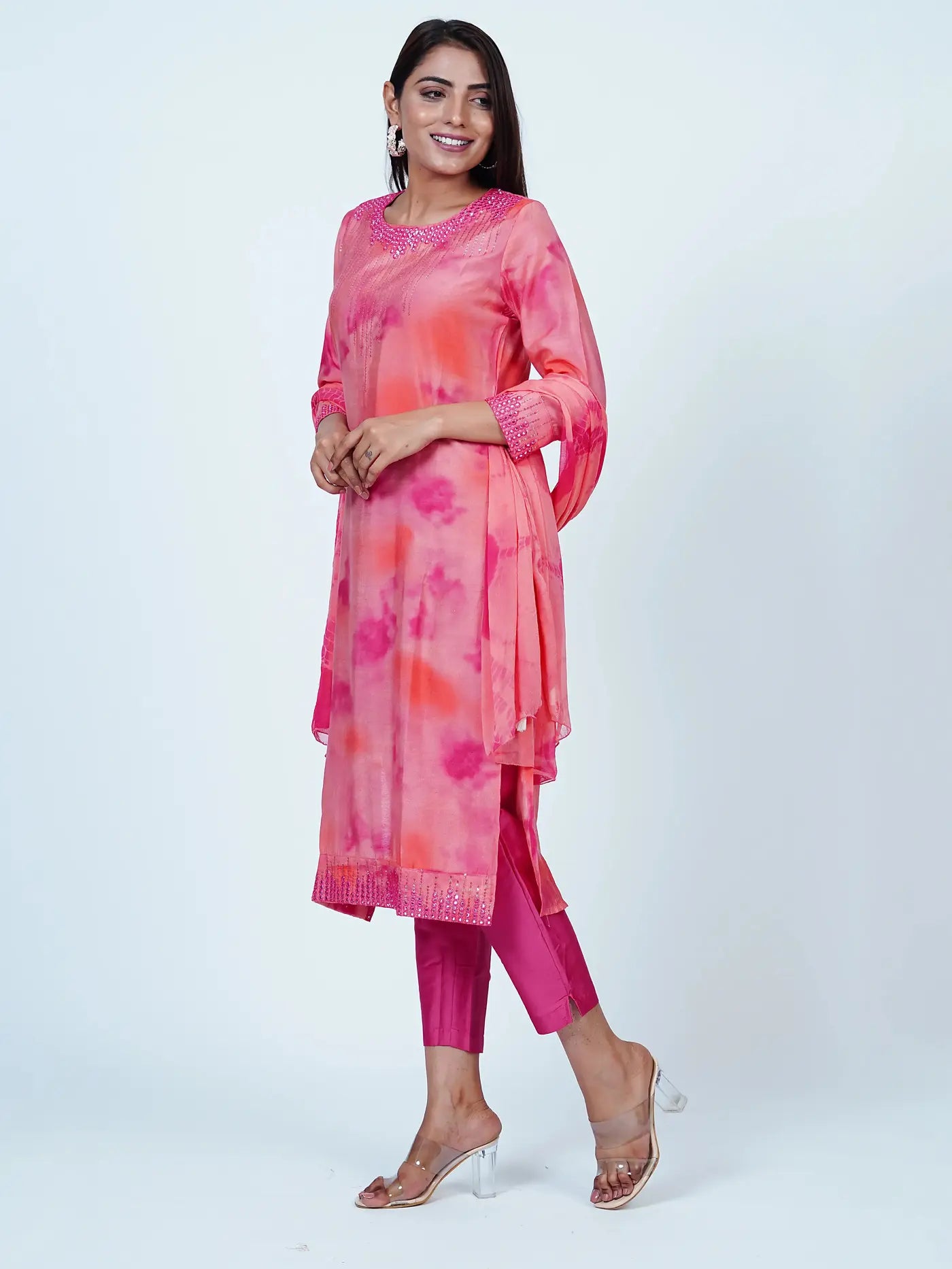 Pink Embroidered Muslin Tie Dye Suit Set