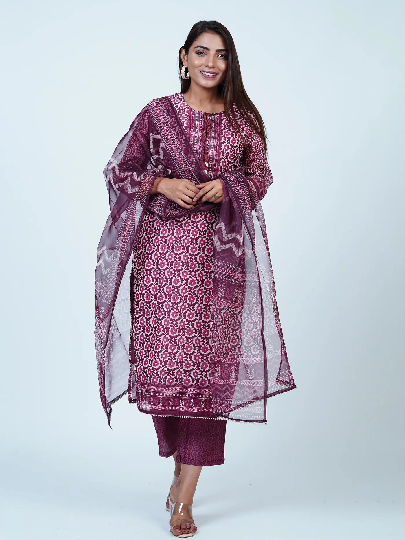 Wine Embroidered Chanderi Cotton Floral Suit