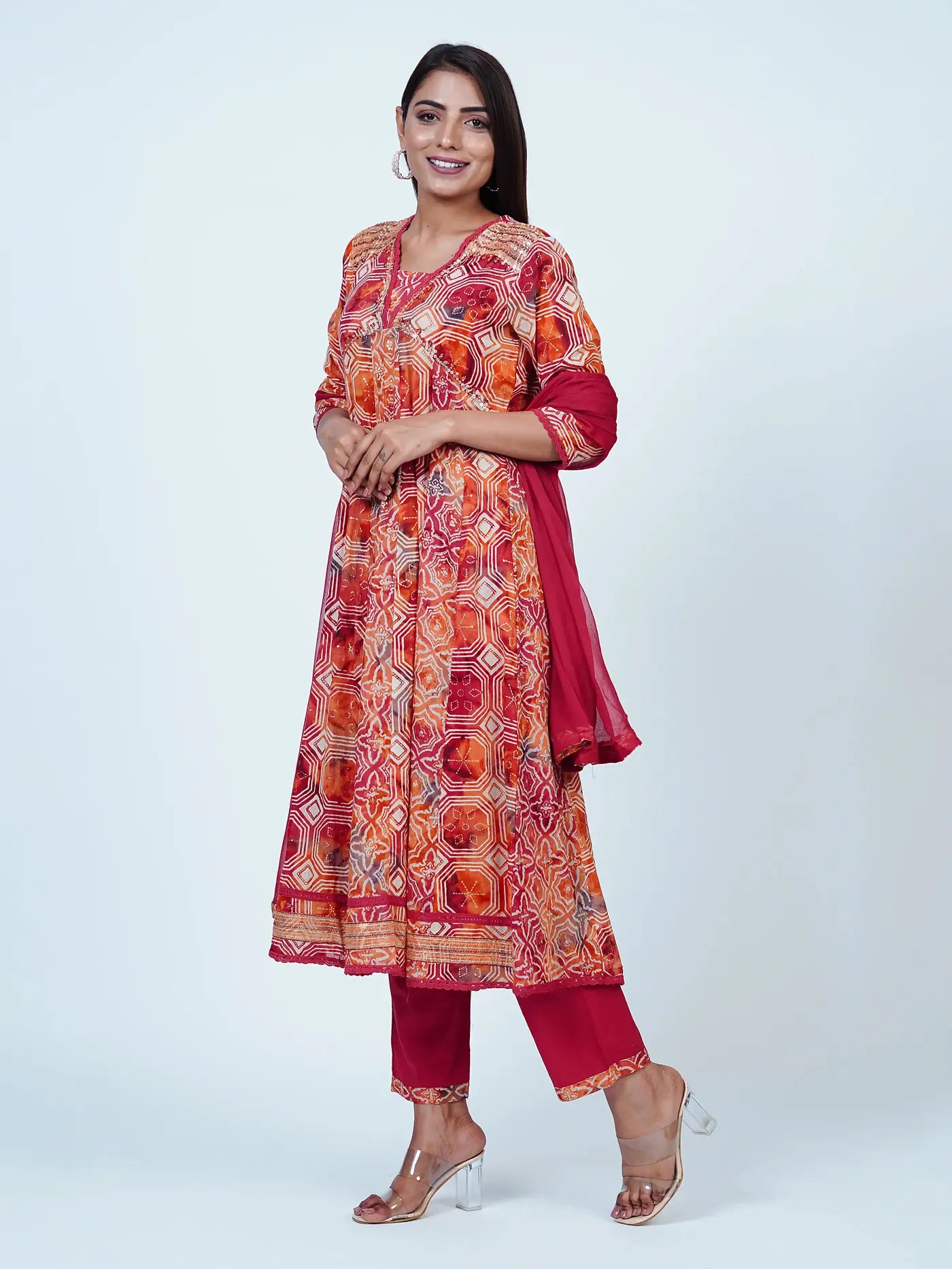 Rust Embroidered A-Line Cotton Suit Set