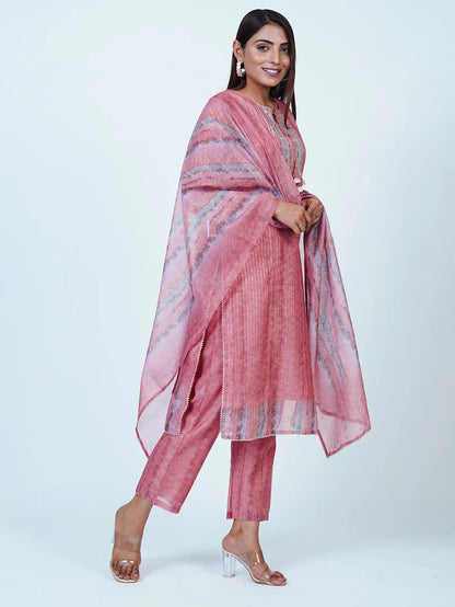 Pink Embroidered Chanderi Cotton Suit Set
