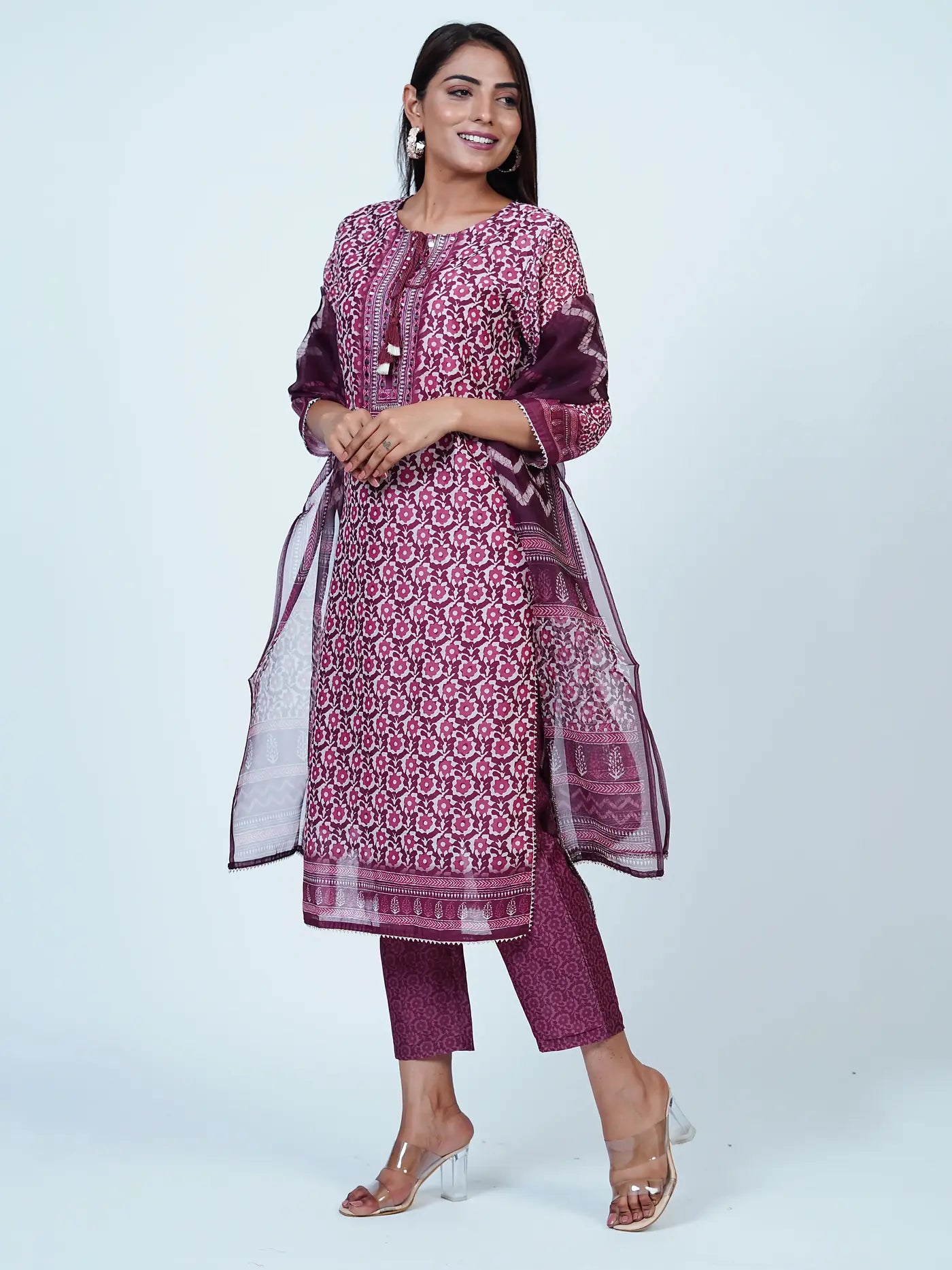 Wine Embroidered Chanderi Cotton Floral Suit