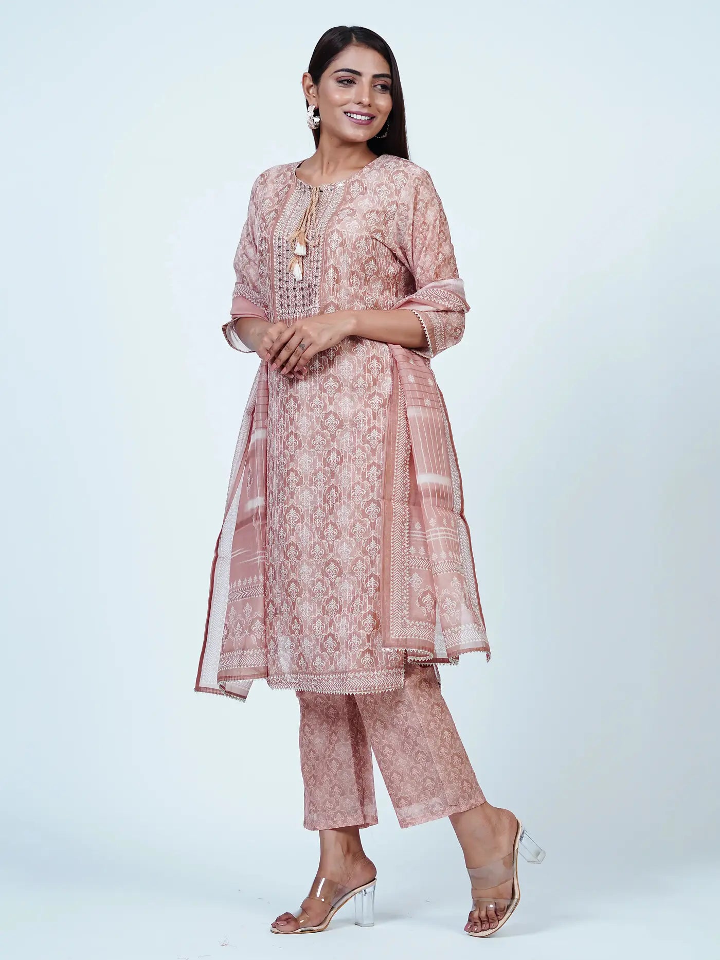 Beige Embroidered Chanderi Cotton Suit Set