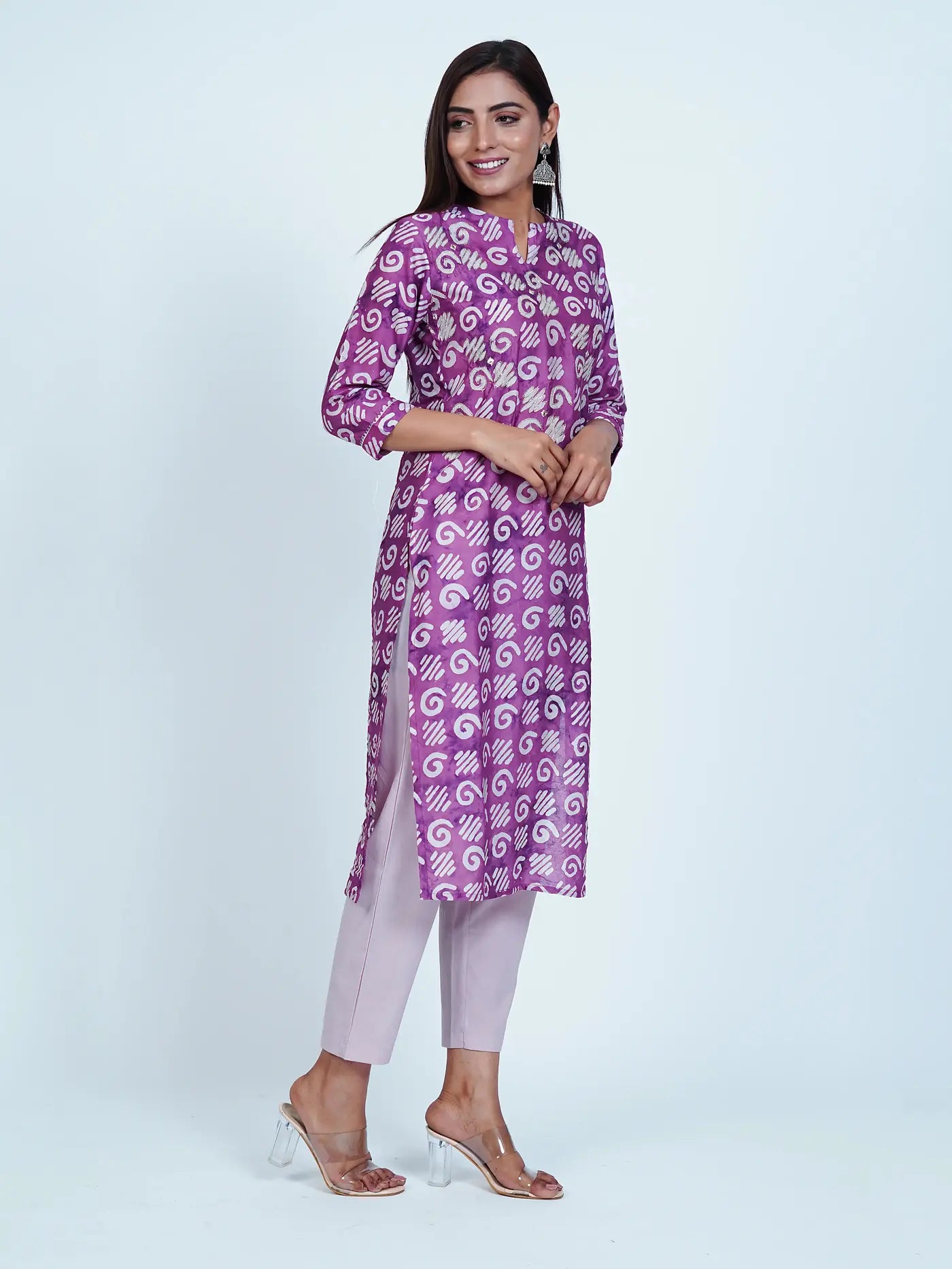 Lilac Embroidered Straight Abstract Muslin Kurti