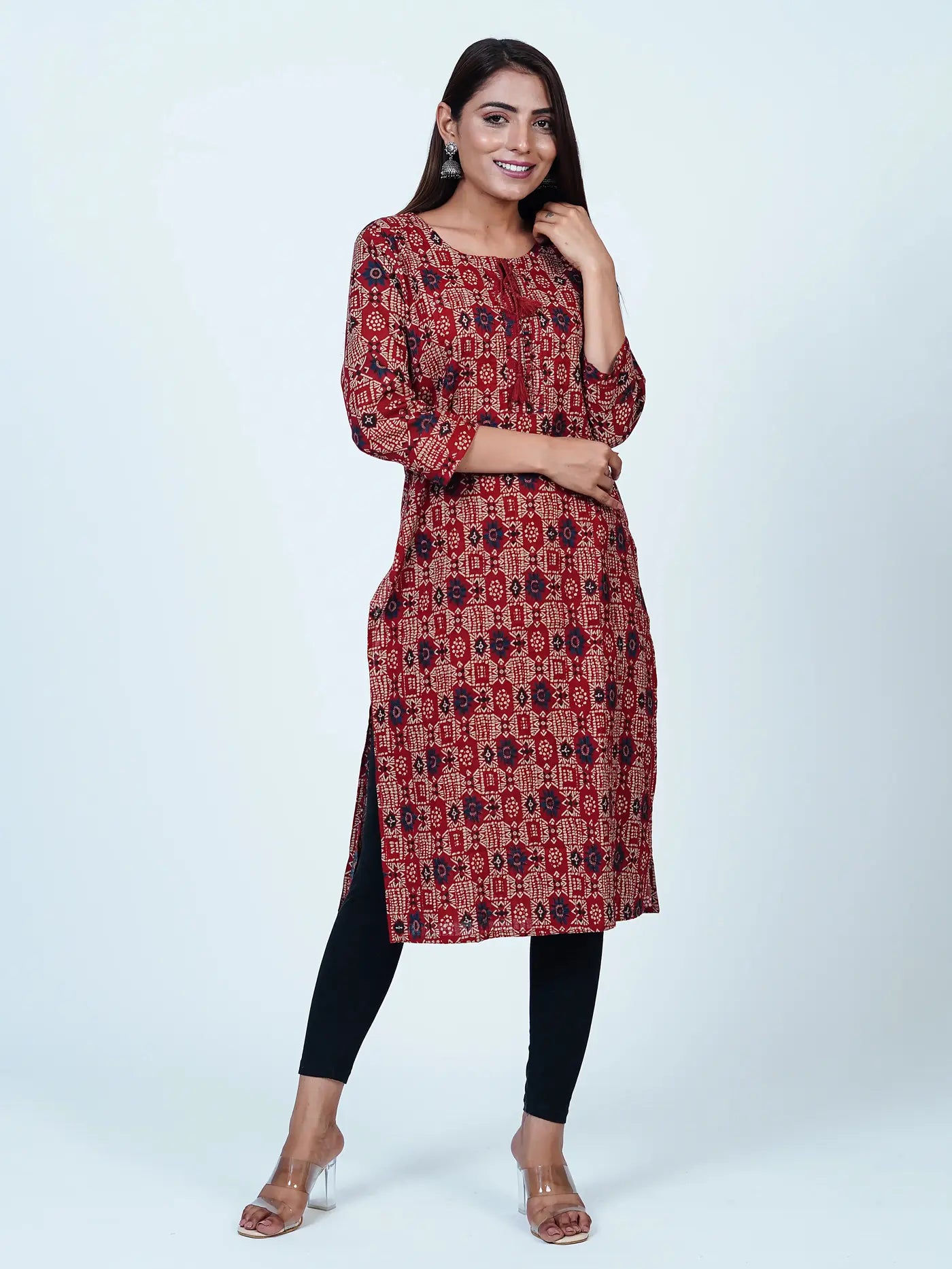 Maroon Embroidered Straight Floral Cotton Kurti