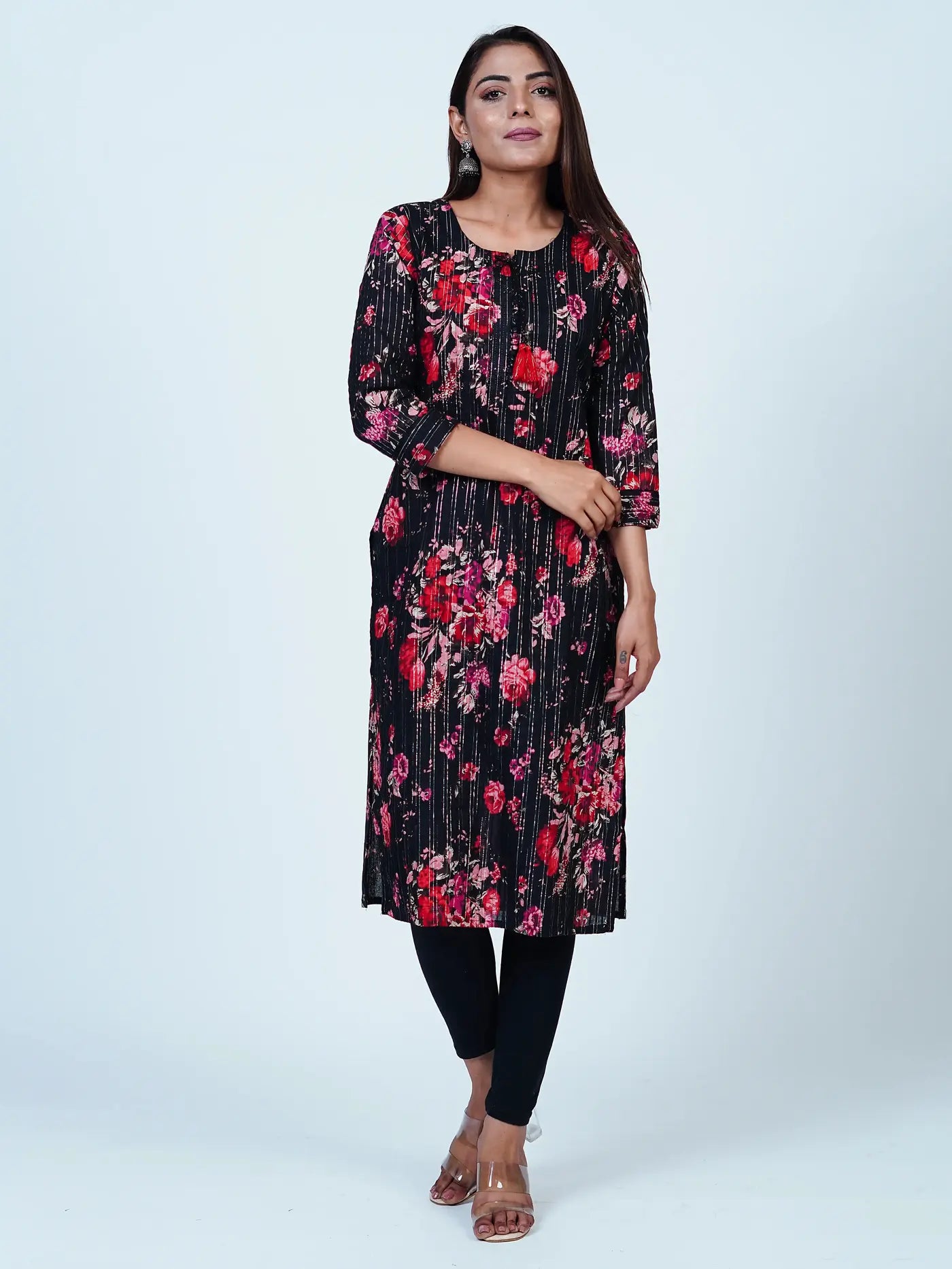 Black Embroidered Straight Floral Cotton Kurti