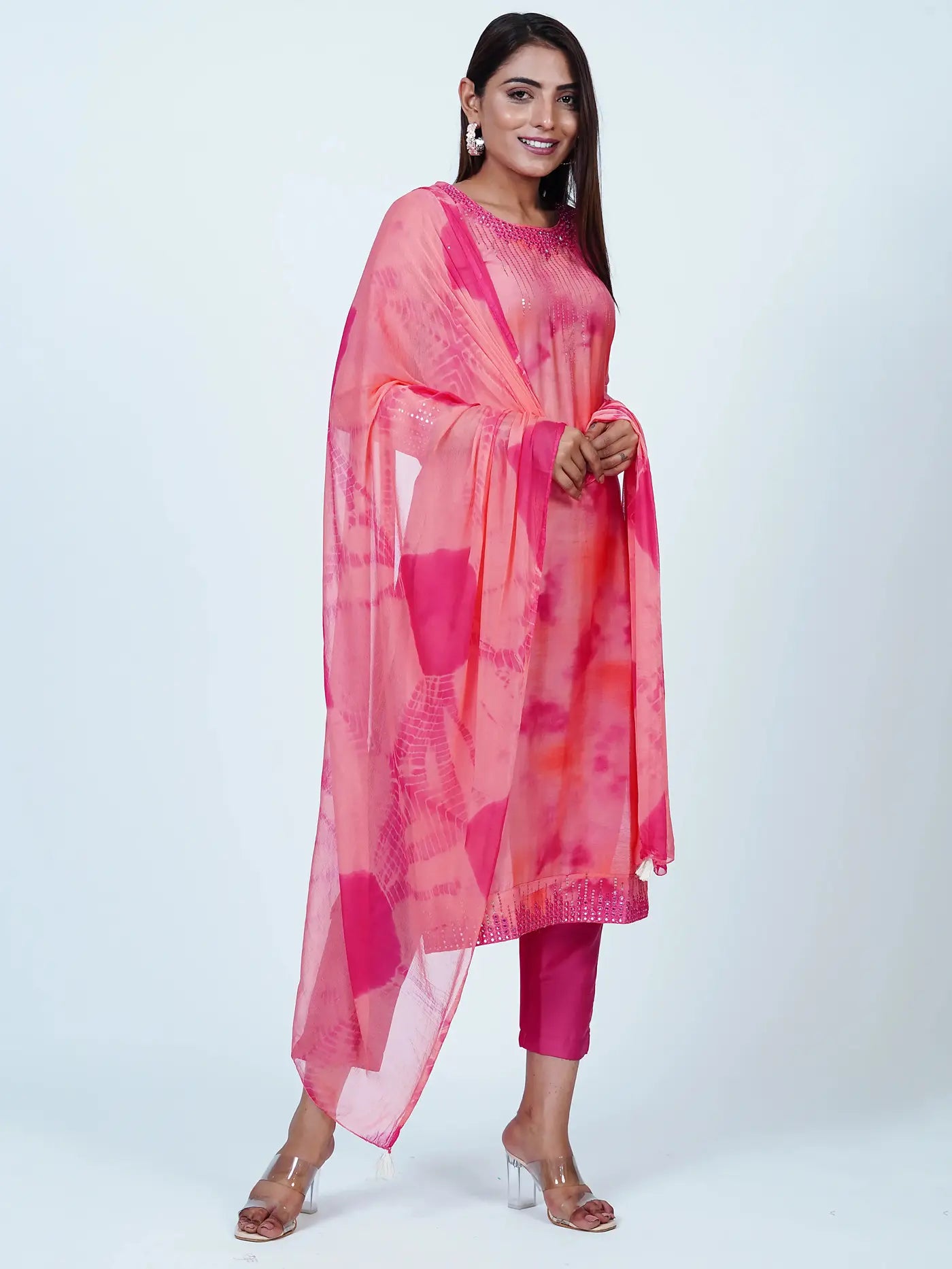 Pink Embroidered Muslin Tie Dye Suit Set