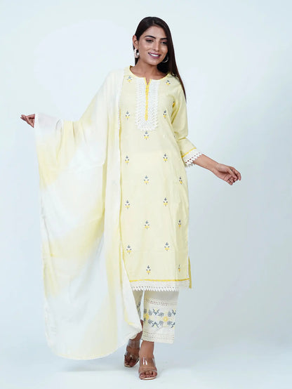 Yellow Embroidered Cotton Floral Suit