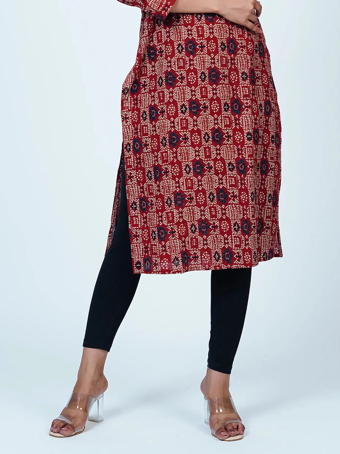 Maroon Embroidered Straight Floral Cotton Kurti