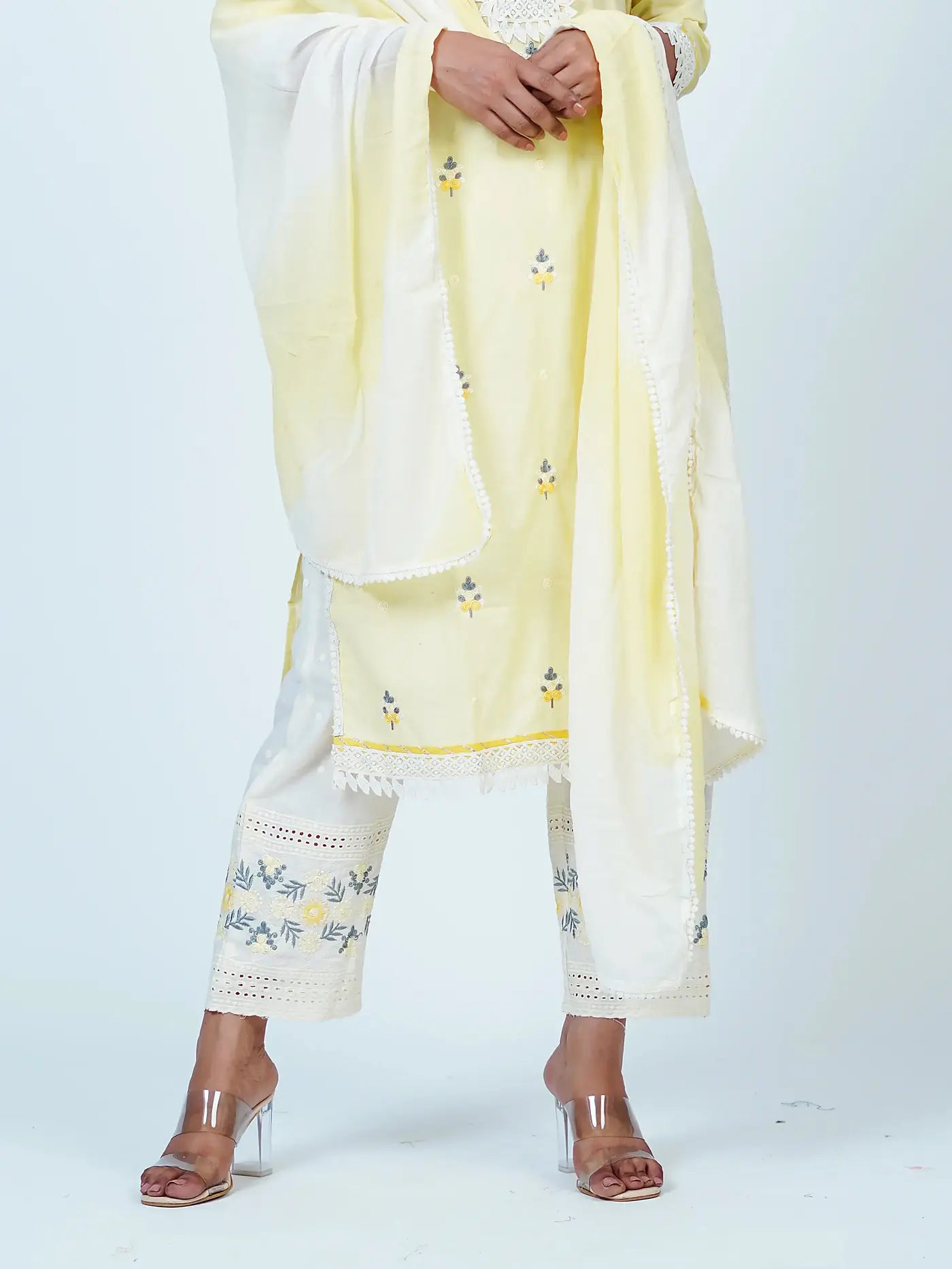 Yellow Embroidered Cotton Floral Suit