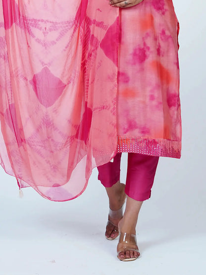 Pink Embroidered Muslin Tie Dye Suit Set