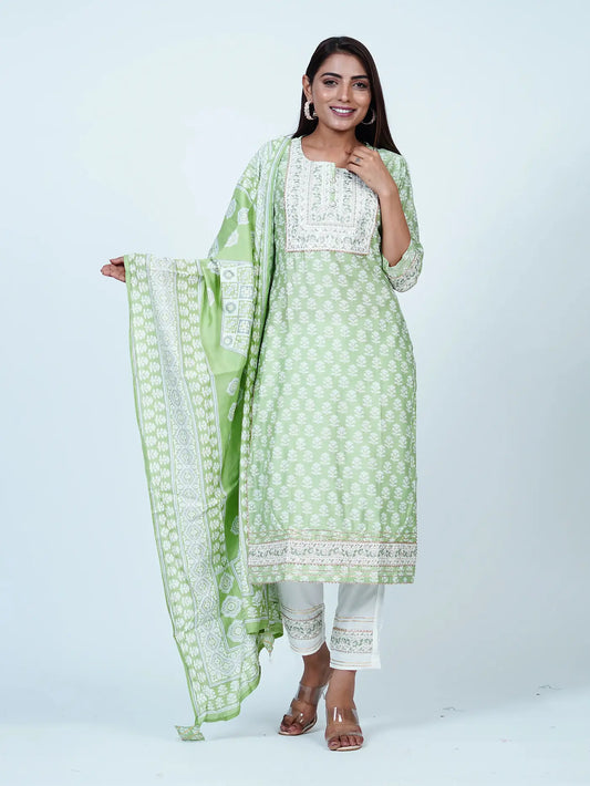 Green Embroidered Straight Block Print Cotton Suit