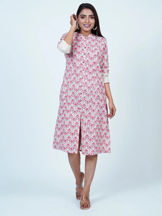 Pink Floral Cotton Midi Dress