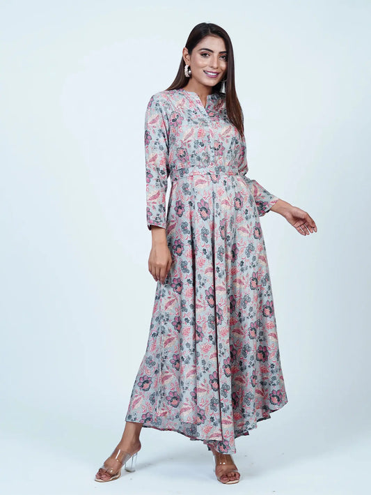 Grey Embroidered Floral Long Muslin Dress with Belt