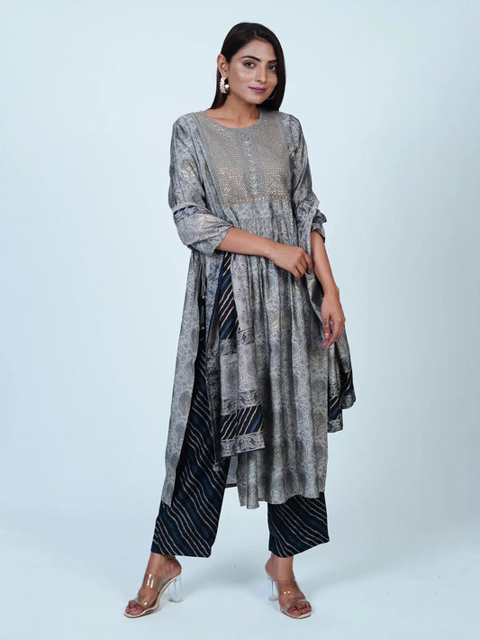 Grey Embroidered Nyra Floral Cotton Suit