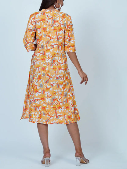 Mustard Floral Cotton Midi Dress