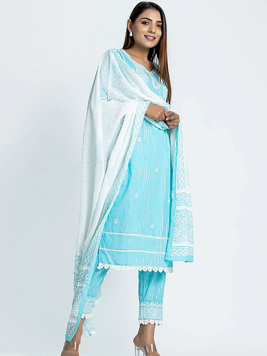 Light Blue Embroidered Straight Cotton Suit
