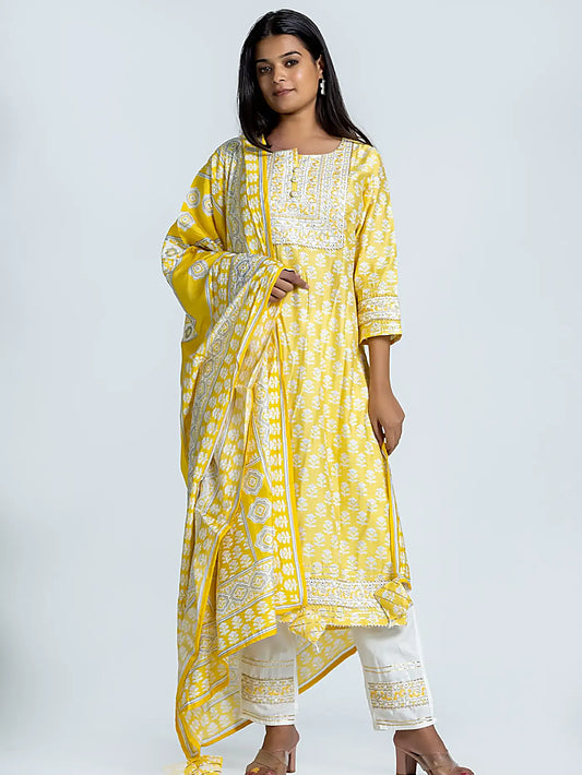 Yellow Embroidered Straight Block Print Cotton Suit