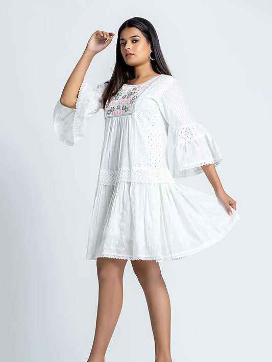 White Embroidered Schiffli Cotton Short Dress