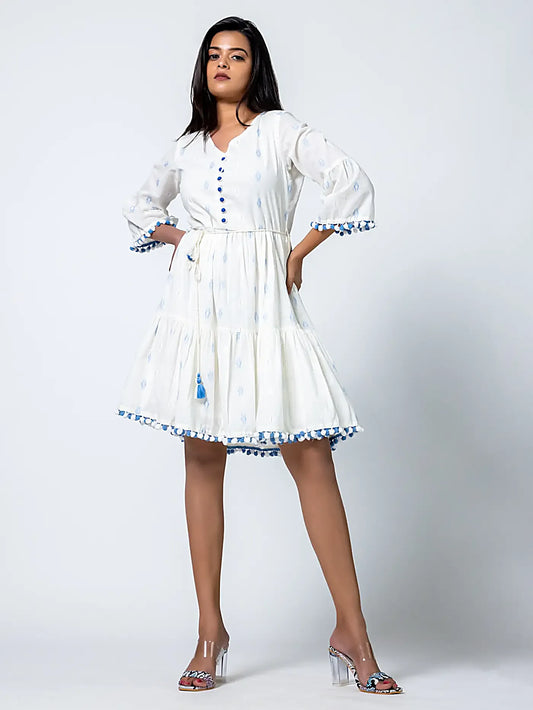 White Self Design Blue Thread Cotton Dress