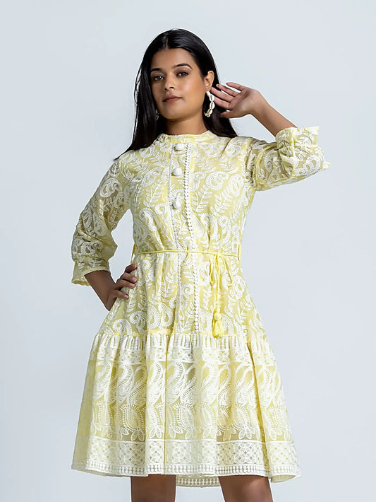 Yellow Embroidered Flared Georgette Short Dress