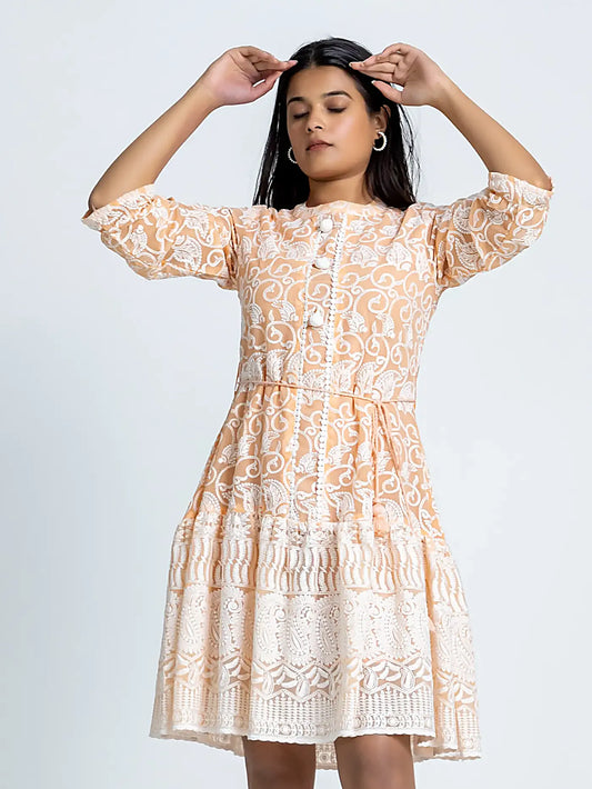 Peach Embroidered Flared Georgette Short Dress