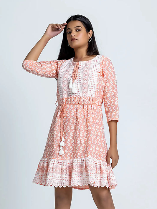 Peach Embroidered Cotton Short Dress