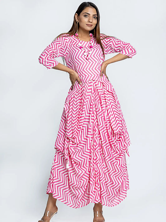 Pink Tie Dye Dhoti Style Cotton Long Dress