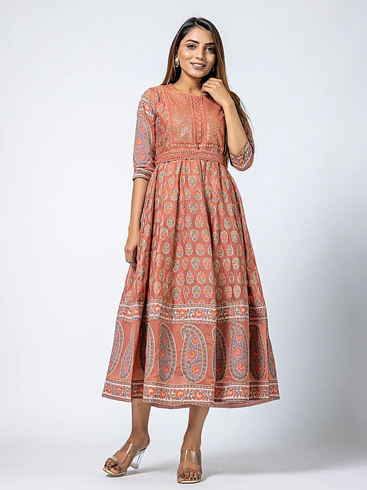 Pink Embroidered Floral Cotton Long Dress