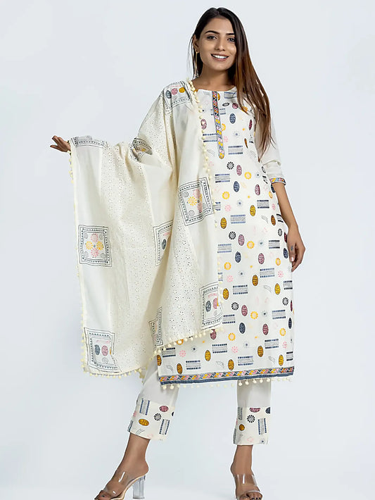 White Embroidered Straight Pure Cotton Suit