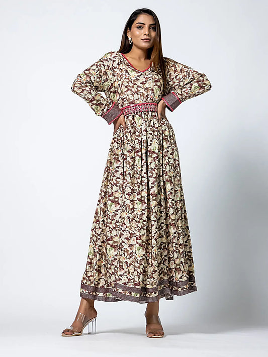 Maroon Floral Embroidered Anarkali Muslin Long Dress