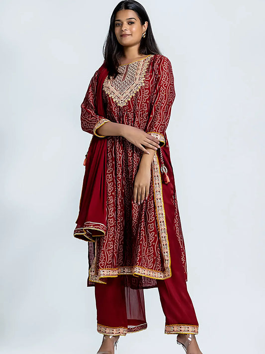 Red Bandhani Embroidered Nyra Cut Muslin Suit
