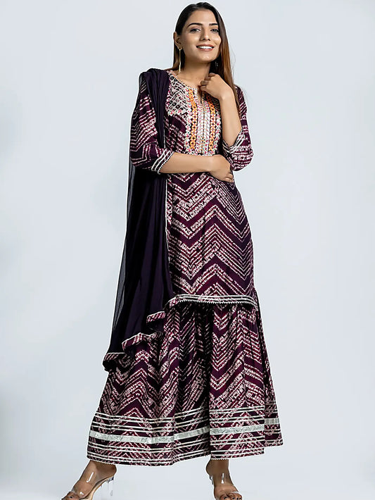 Wine Bandhani Gota Patti with Sharara Dress Cotton Suit